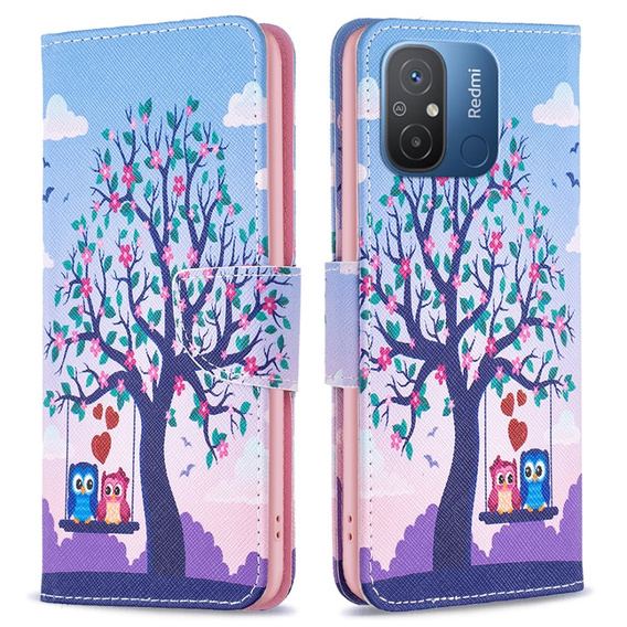 Flip case for Xiaomi Redmi 12C, Wallet, tree & owls, blue