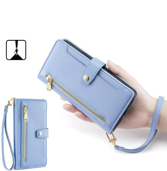 Flip case for iPhone 16E, Wallet Zipper Pocket, blue