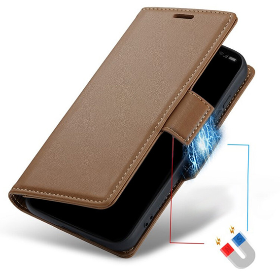 Case for Samsung Galaxy A25 5G, ERBORD Glossy Litchi, wallet with flap, brown