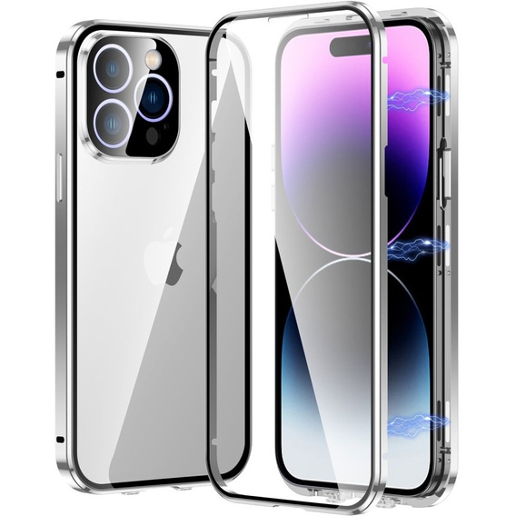 Case for iPhone 15 Pro Max, Magnetic Dual Glass, silver