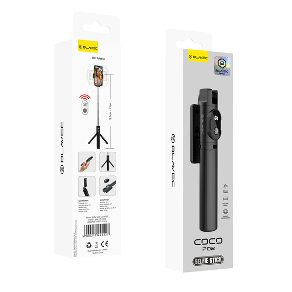 Selfie stick with tripod function and Bluetooth remote control, for smartphones between 6.5 cm and 9.5 cm wide