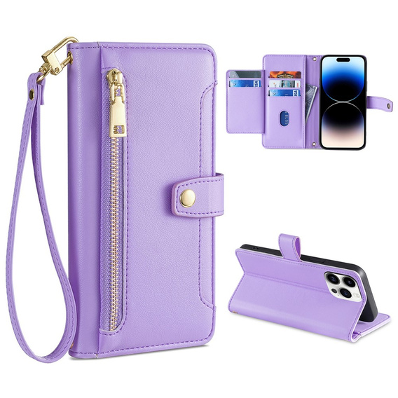 Flip case for iPhone 14 Pro, Wallet Zipper Pocket, purple