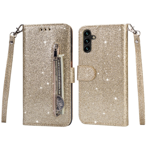 Flip case for Samsung Galaxy A55, Wallet Zipper Pocket Glittery, gold