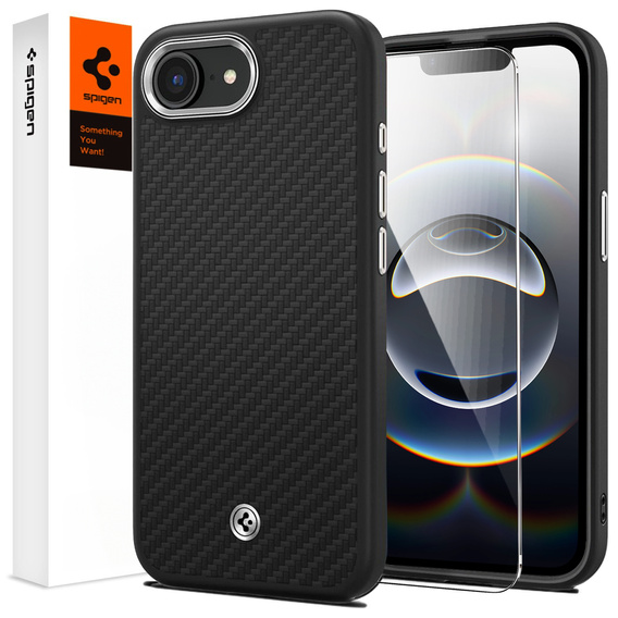 Spigen Case for iPhone 16E, Enzo Aramid MagSafe, carbon black + 9H Tempered Glass