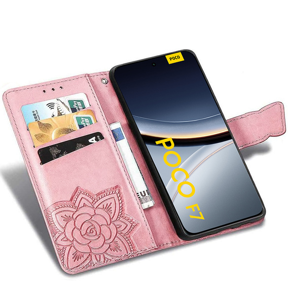 Flip case for Xiaomi Poco F7, Butterfly, pink rose gold