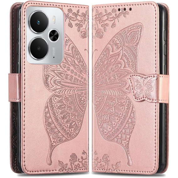 Flip case for Realme 14 5G / Realme 14T 5G, Butterfly, pink rose gold