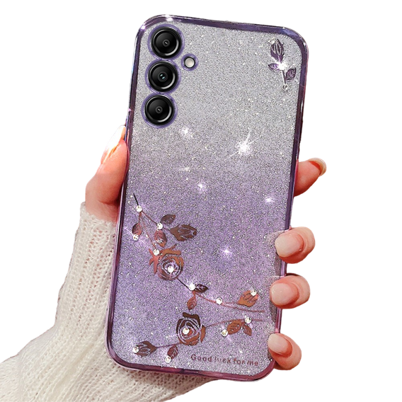 Case for Samsung Galaxy A15, Glitter Flower, purple + 9H glass