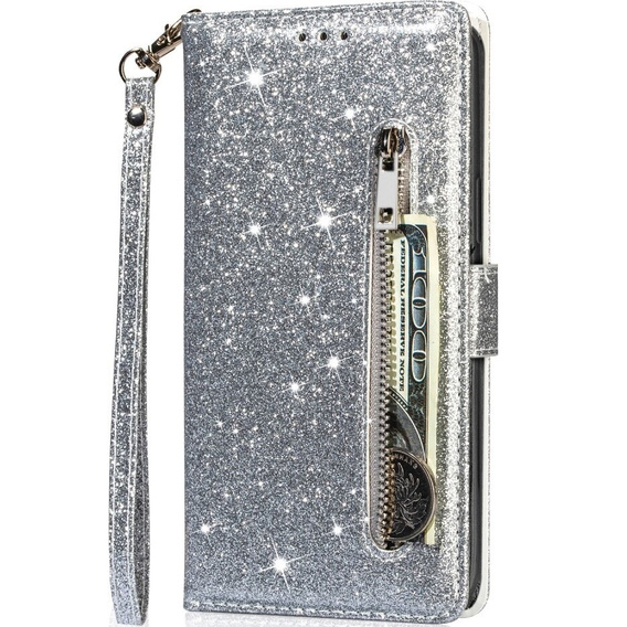 Flip case for Samsung Galaxy A55, Wallet Zipper Pocket Glittery, silver