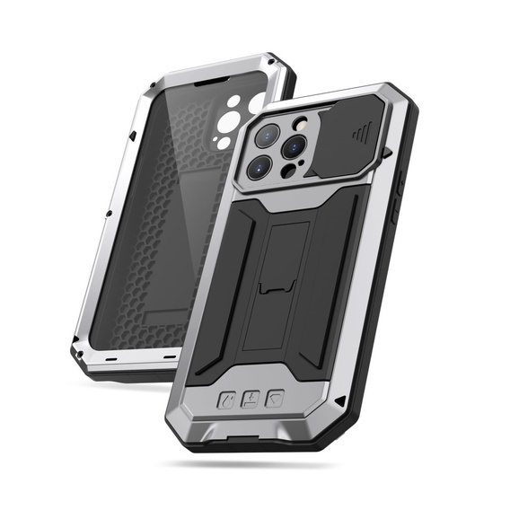 Case for iPhone 13 Pro, R-JUST CamShield Slide, armoured, silver / black