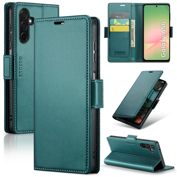 Case for Samsung Galaxy A56, ERBORD Glossy Litchi, wallet with flap, green