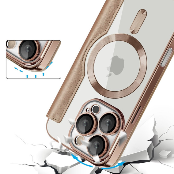 Flip case for iPhone 16 Pro, RFID Wallet MagSafe CamShield, gold