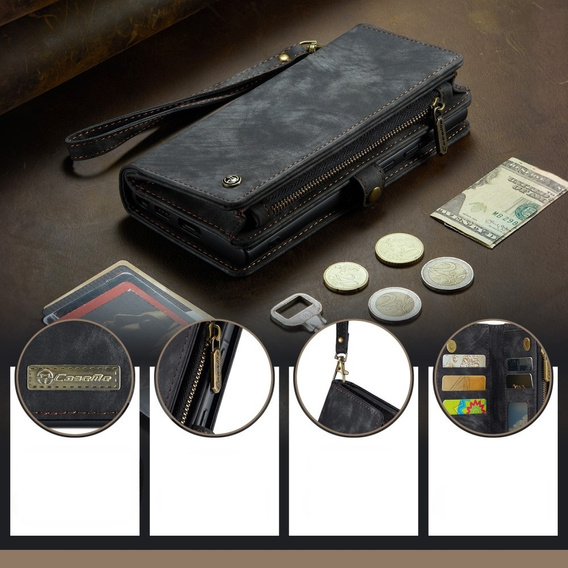 CASEME case for Samsung Galaxy A56 5G, Retro Leather Wallet, with strap, black