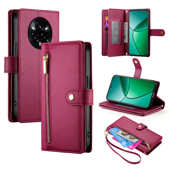 Flip case for Realme 14 Pro 5G, Wallet Zipper Pocket, red