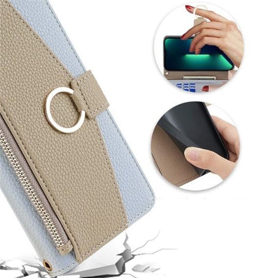 Flip case for iPhone 14, Wallet Zipper Pocket, with mirror, blue