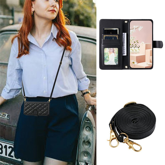 Flip case for Samsung Galaxy S25 FE, Rhombus Crossbody Leather, black