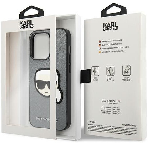 Karl Lagerfeld Case for iPhone 14 Pro Max, Saffiano Karl's Head Patch, silver