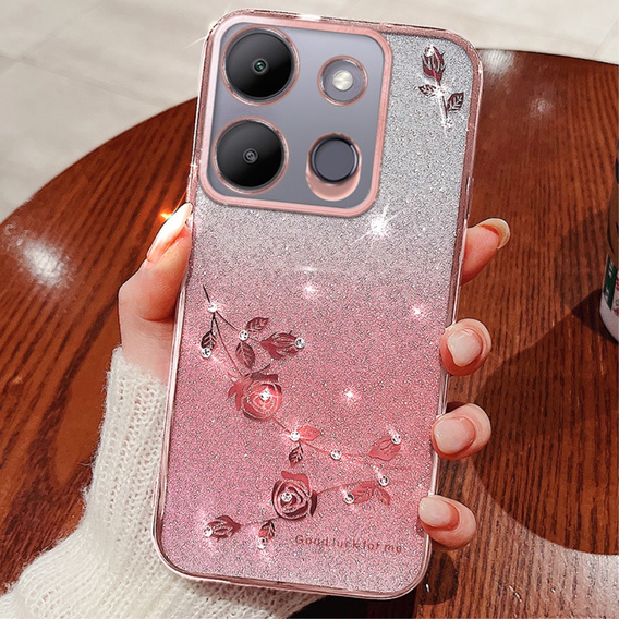 Case for Infinix Smart 7 4G, Glitter Flower, pink rose gold