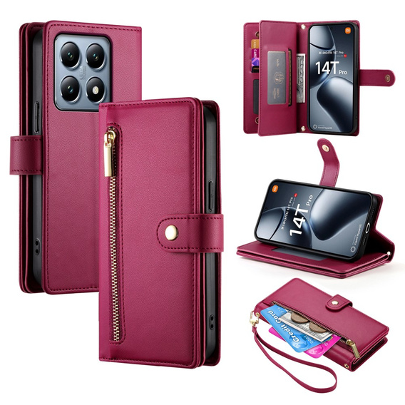 Flip case for Xiaomi 14T Pro, Wallet Zipper Pocket, red