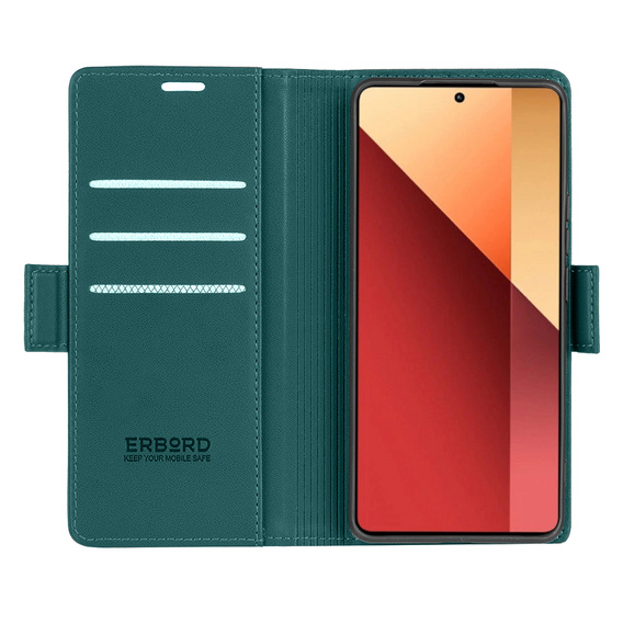 Case for Xiaomi Redmi Note 13 Pro 4G / Xiaomi Redmi Note 14S / Xiaomi Poco M6 Pro 4G, ERBORD Glossy Litchi, wallet with flap, green