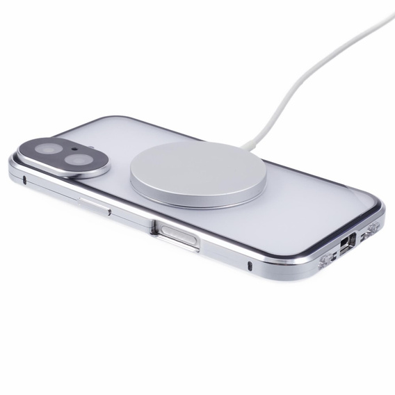 Magnetic Dual Glass MagSafe case for iPhone 16, silver