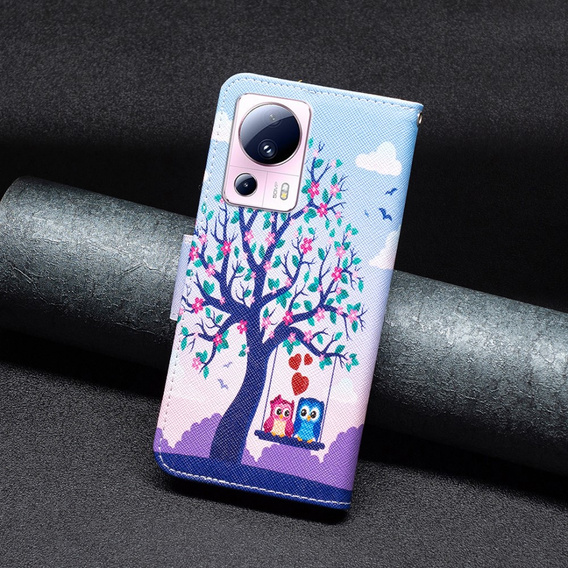 Flip case for Xiaomi 13 Lite, Wallet, tree & owls, blue