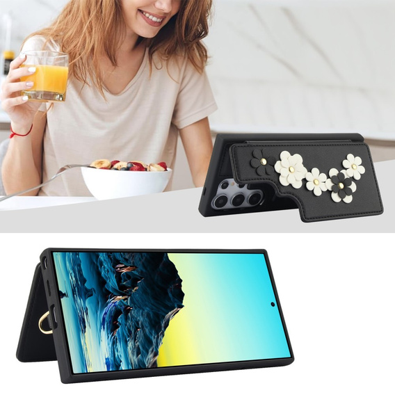 Case for Samsung Galaxy S25 Ultra, Leather Flower Card Slot, black