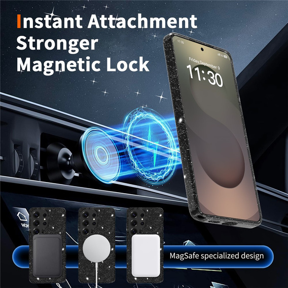 Glitter case, for MagSafe for Samsung Galaxy S26 Ultra, transparent/black