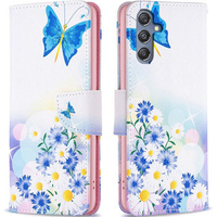 Flip case for Samsung Galaxy M34, Wallet, butterfly & flowers, white
