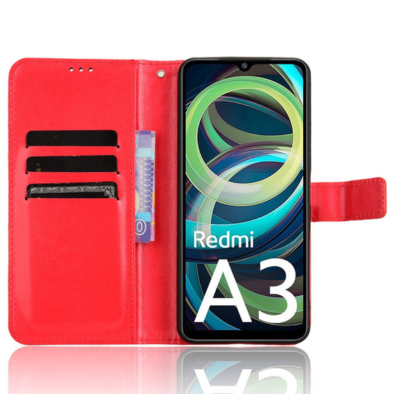 Flip case for Xiaomi Redmi A3, Crazy Horse Wallet, red