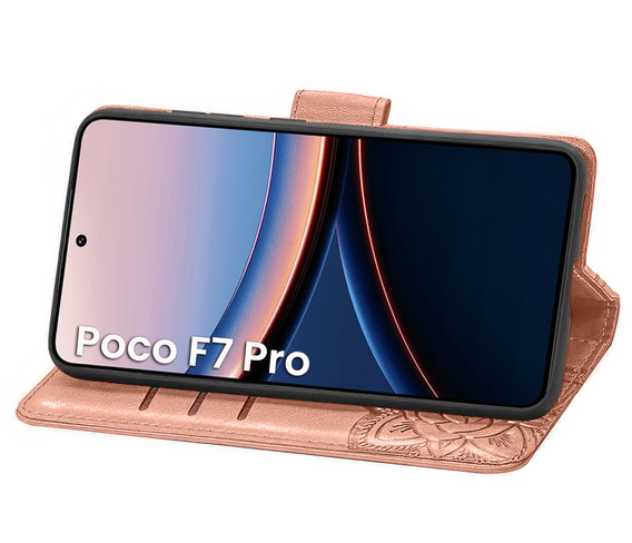 Flip case for Xiaomi Poco F7 Pro, Butterfly, pink rose gold