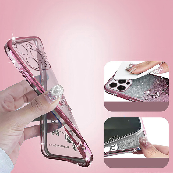 Case for iPhone 16 Pro, Glitter Flower, pink rose gold