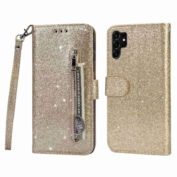 Flip case for Samsung Galaxy S24 Ultra, Wallet Zipper Pocket Glittery, gold