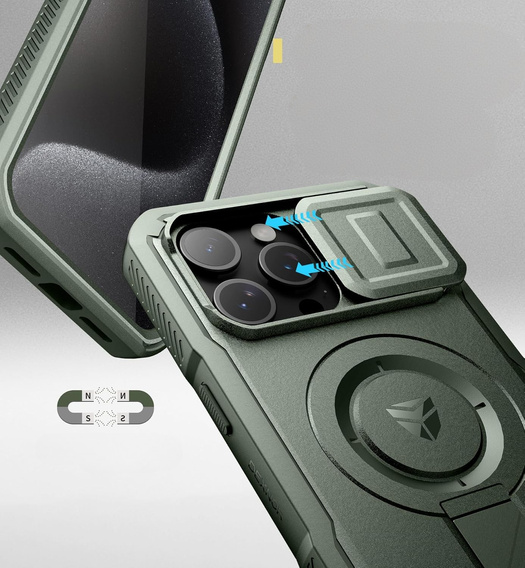 Armored case for iPhone 15 Pro Max, Dexnor CamProtect MagSafe, green (Two frames)
