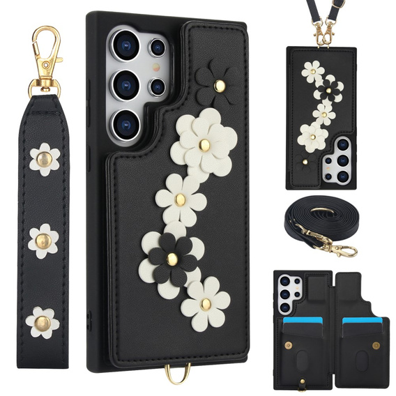 Case for Samsung Galaxy S25 Ultra, Leather Flower Card Slot, black