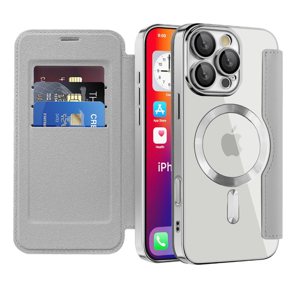 Flip case for iPhone 16 Pro, RFID Wallet MagSafe CamShield, silver