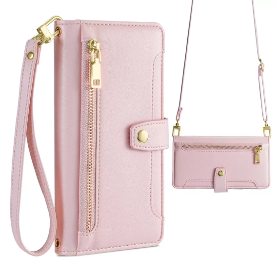 Flip case for iPhone 16E, Wallet Zipper Pocket, pink