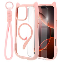 Case for iPhone 16 Pro, for MagSafe, Cute Cat, pink + Screen Glass