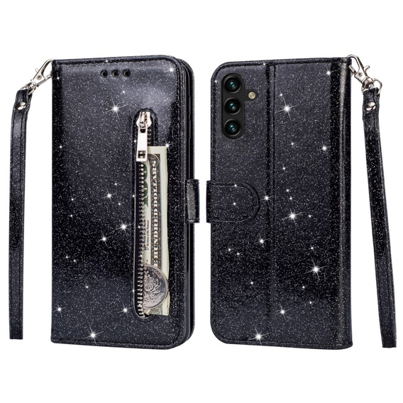 Flip case for Samsung Galaxy A55, Wallet Zipper Pocket Glittery, black