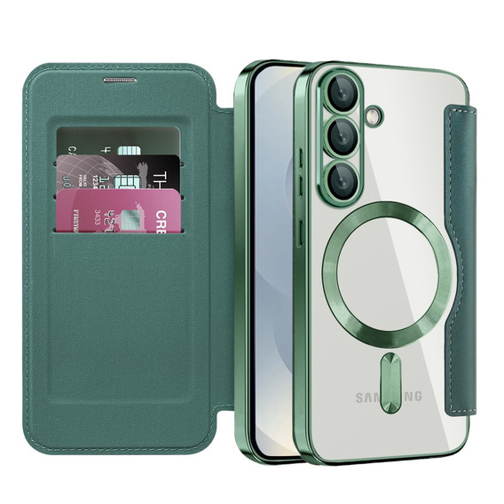 Flip case for Samsung Galaxy S25, RFID Wallet MagSafe CamShield, green