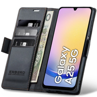 Case for Samsung Galaxy A25 5G, ERBORD Glossy Litchi, wallet with flap, black