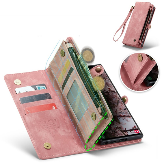 CASEME case for Samsung Galaxy S25 Ultra, Retro Leather Wallet, with strap, pink
