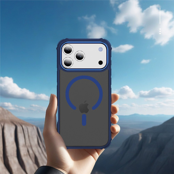 Matt Case for iPhone 17 Pro Max, armoured, for MagSafe, smoky with blue sides