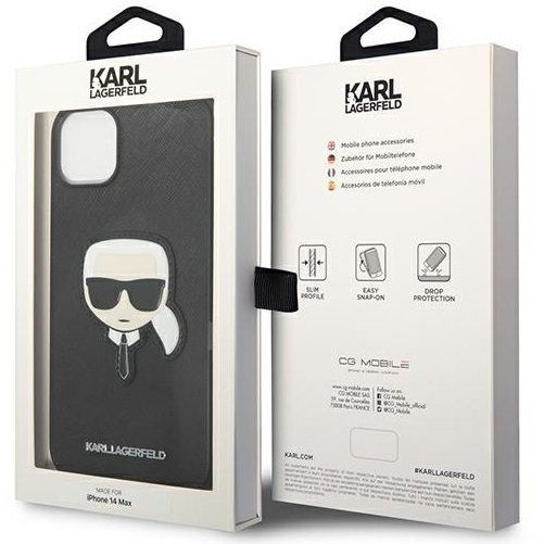 Karl Lagerfeld Case for iPhone 14 Plus, Saffiano Karl's Head Patch, black