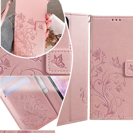 Flip case for Motorola Moto E14, Butterfly, pink rose gold