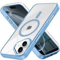 Case for iPhone 16, for MagSafe, ERBORD Matt Case, transparent / blue + Screen Glass