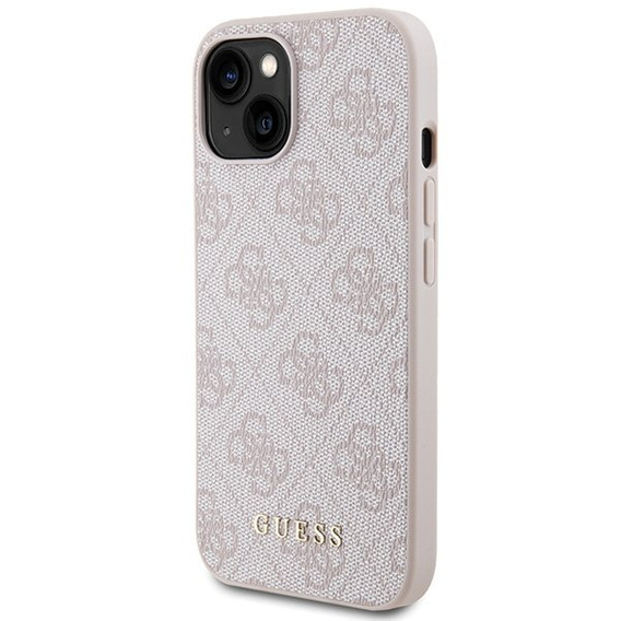 GUESS Case for iPhone 15, 4G Metal Gold Logo, pink