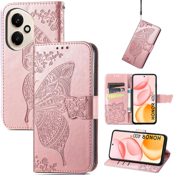 Flip case for Honor 400 5G, Butterfly, pink rose gold