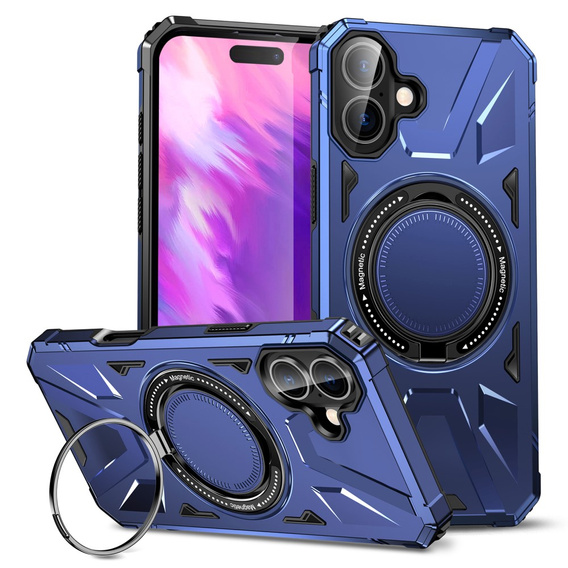 Case for iPhone 16 Plus, armored with stand and handle plate, blue