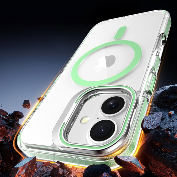 Case for iPhone 17, for MagSafe, with stand, transparent with green inserts