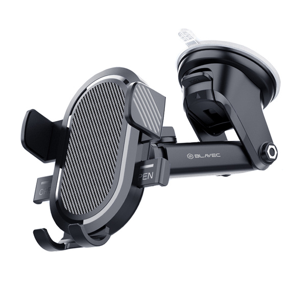 Car windshield mount with adjustment and automatic clamping for smartphones from 6 to 8.5 cm wide
